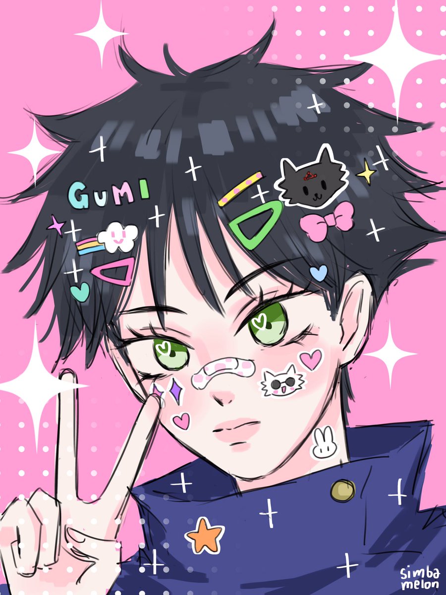 fushiguro megumi bandaid on nose bandaid on face solo short hair heart hair ornament green eyes  illustration images