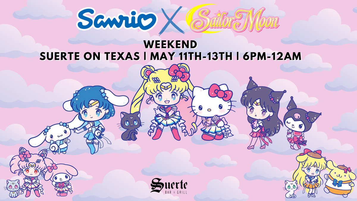 A SAILOR MOON x SANRIO INSPIRED WEEKEND!!! 🌀
Get ready for a 3 Night Event full of fun at Suerte on Texas, Weslaco 💖🐈‍

Sailor moon, Sanrio-inspired food, drinks, music, photo ops, and vendors! Cosplay encouraged. ✨💜
