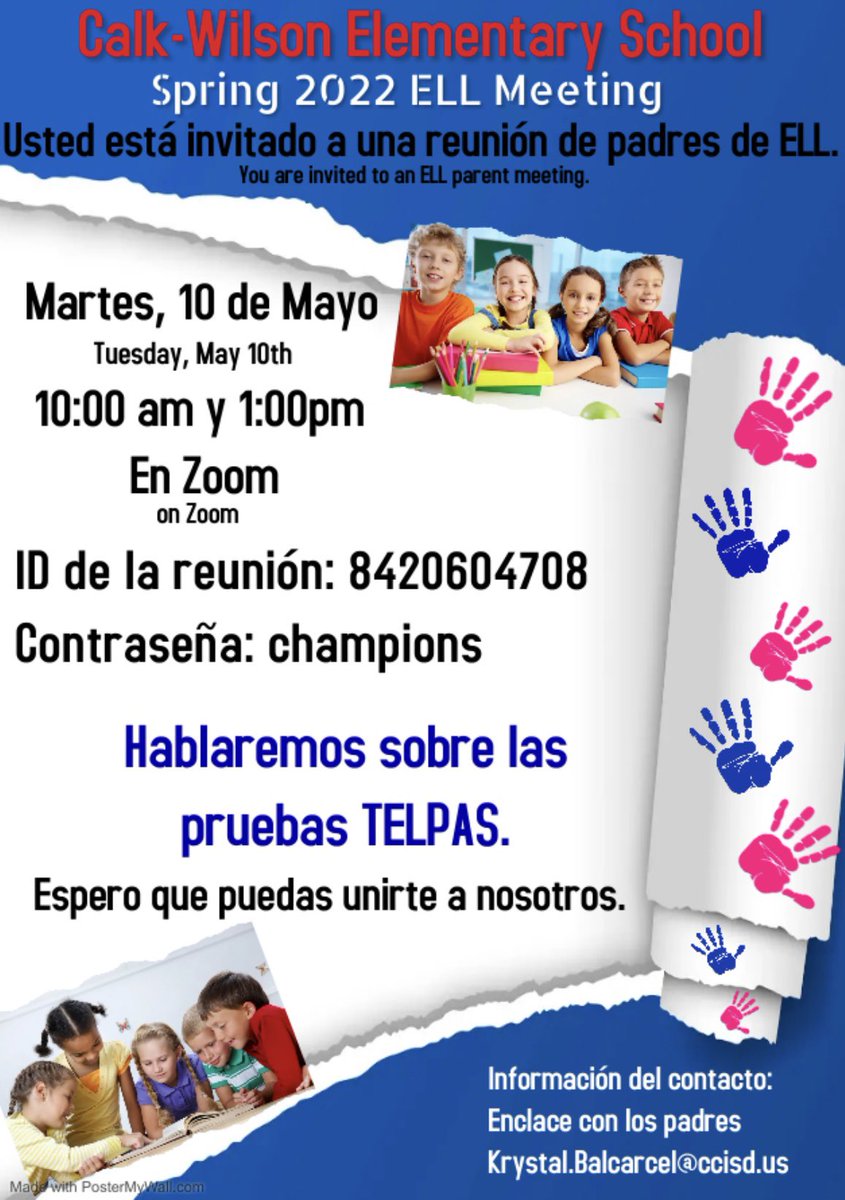 Parents of students in our Bilingual &amp; ESL program are invited to attend the Spring 2022 ELL Meeting on May 10th via Zoom at 10am or 1pm 😊
