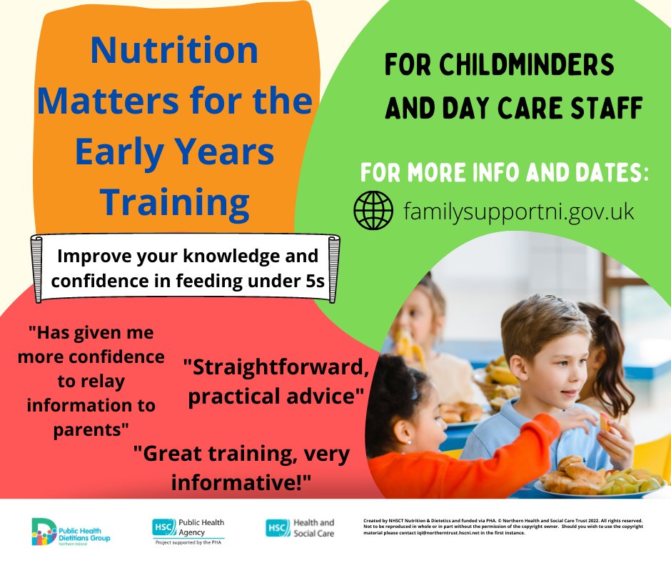 ClareGalway1's tweet photo. Public Health Dietitians Group in NI work to ensure equality and quality of nutrition in #earlyyears settings. Nutrition Matters training is not mandatory but plays a vital role in improving nutrition provision in childcare #weaningweek2022 #PHDG @publichealthni @BDA_Dietitians https://t.co/THRCvbiQbw