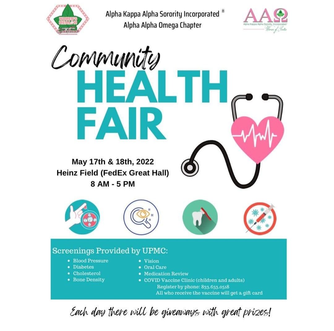 AKAPGHAAO's tweet photo. Community Health Fair!

When: May 17th and 18th 

Where: FedEx Great Hall (Heinz Field)

Time: 8AM-5PM 

There will also be giveaways throughout the day on both days. https://t.co/T0TigGu7Ro