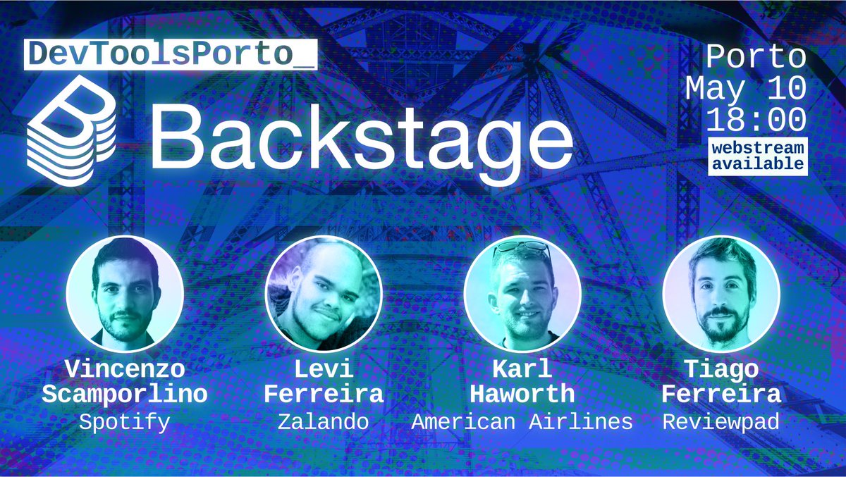 It's tomorrow! ⚠️
DevTools Porto, on #Backstage: an open-source developer portal from <a href="/SpotifyEng/">Spotify Engineering</a>, gaining enormous traction among devs.

Tuesday, May 10th, 18:00 (Lisbon).

Get the live stream link here 👇
reviewpad.typeform.com/DevToolsPorto