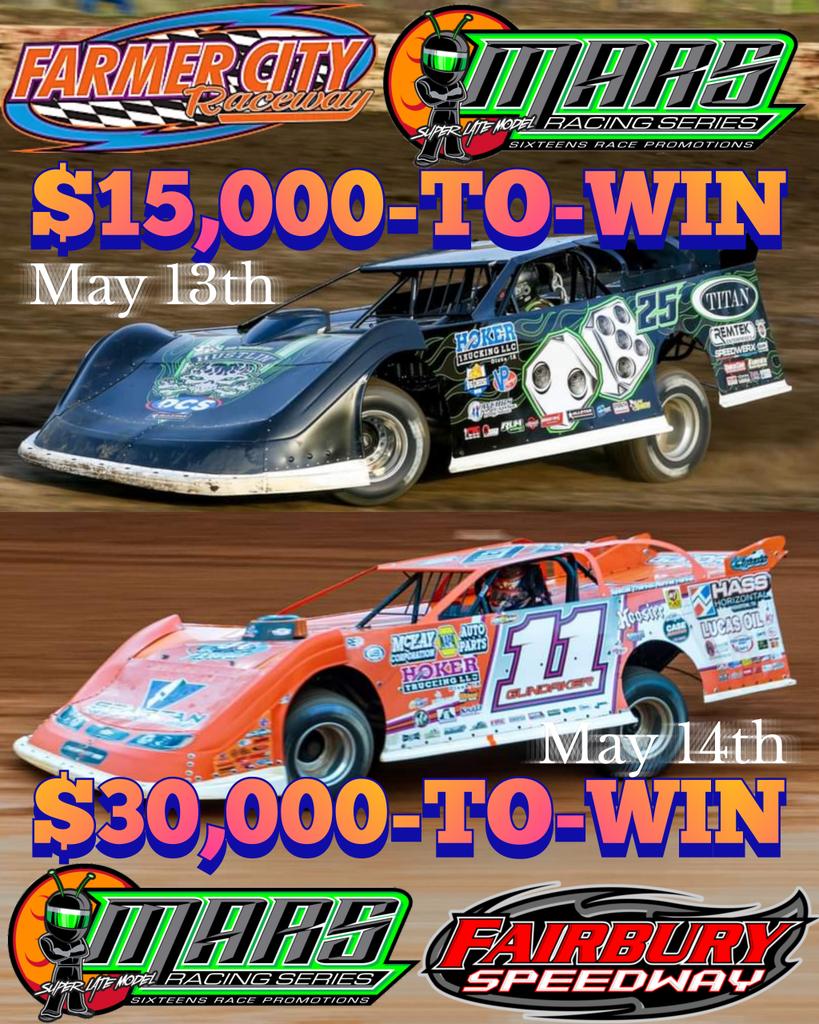 MARSDirtRacing's tweet photo. #IllinoisSpeedweeks will conclude with back-to-back nights for the @MarsLateModel Series at @FarmerCityRacin #FarmerCity74 & @FALS_NATION #SpringShootout May 13th-14th for two HUGE paydays. The BEST Late Model drivers in the country will flock to the "Land of Lincoln." https://t.co/hrxtbKFimY