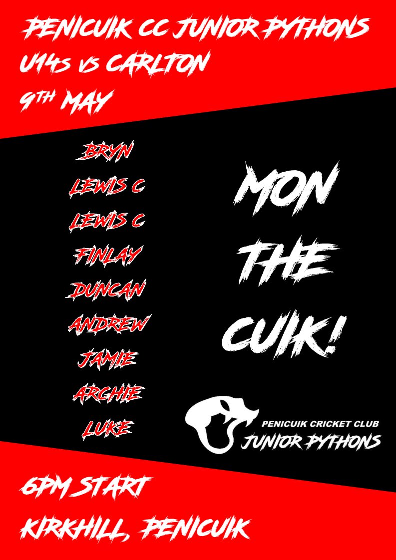 juniorpythons's tweet photo. The @PenicuikCC Juniors are BACK and the U14s kickoff the competitive action this summer by welcoming @StewMelCC to Kirkhill this evening!

#upthepythons #monthecuik 🐍🐍🏏🏏 https://t.co/mWm5UJbdwD