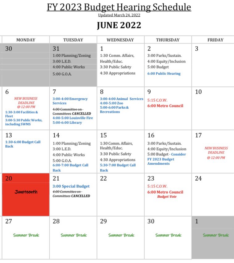 Today is the first day of Metro Council FY23 Hearings.

All meetings are aired live on MetroTV (Spectrum 184), streamed online, and on Facebook. 

3pm - Revenue, Operations, Capital &amp; Debt

5pm - OMB (Office of Management Budget)

5:30pm - Metro Council

Full schedule attached.