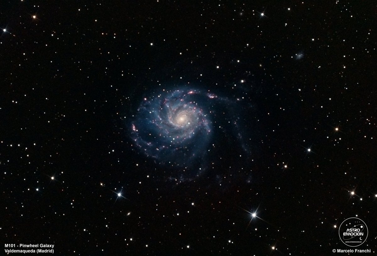 astroemocion's tweet photo. Galaxia del Molinillo (Pinwheel Galaxy), M101 o NGC5457.

SW Newton 200/1000 PDS / NEQ6 II Pro 
ZWO ASI 294MC Pro 
Filtro Hutech IDAS LPS D1
N.I.N.A. / PixInsight
24 lights de 300" a -15ºC / 40 darks / 40 flats
40 dark flats

#astronomia #Astronomía #M101 #pinwheel #osamayor #zwo https://t.co/iYZe4Pk7no