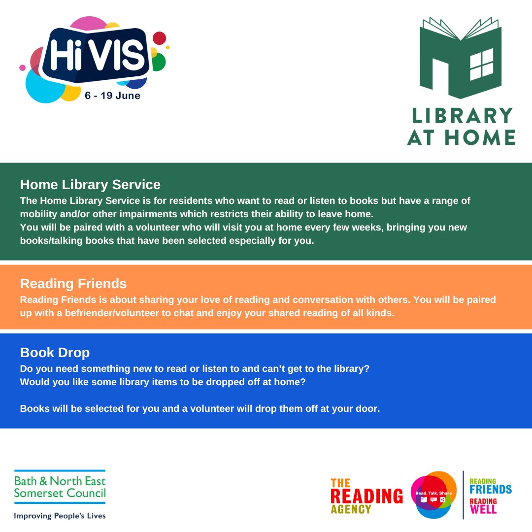 bnes_libraries's tweet photo. The #LibraryAtHome service helps connect our residents to new friends & volunteers through a love of reading, making sure that our residents can access books & audiobooks regardless of their situation.
https://t.co/T3qTbJf0e9
#BathnesLibraries #HiVIS2022 #AccessibleReading https://t.co/b6KgxEI8C0