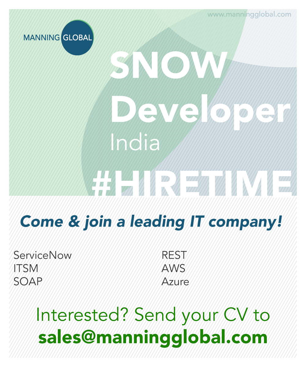 New #job in #India! 🇮🇳 Our client, a leading global #IT company, is recruiting for a SNOW DEVELOPER! Send your CV to sales@manningglobal.com #ServiceNow #FullStackDeveloper #ITSM #JavaScript #SOAP #REST #Glide #Ajax #UI #Cloud #AWS #Azure #Coding #Coders #Programming #ICT