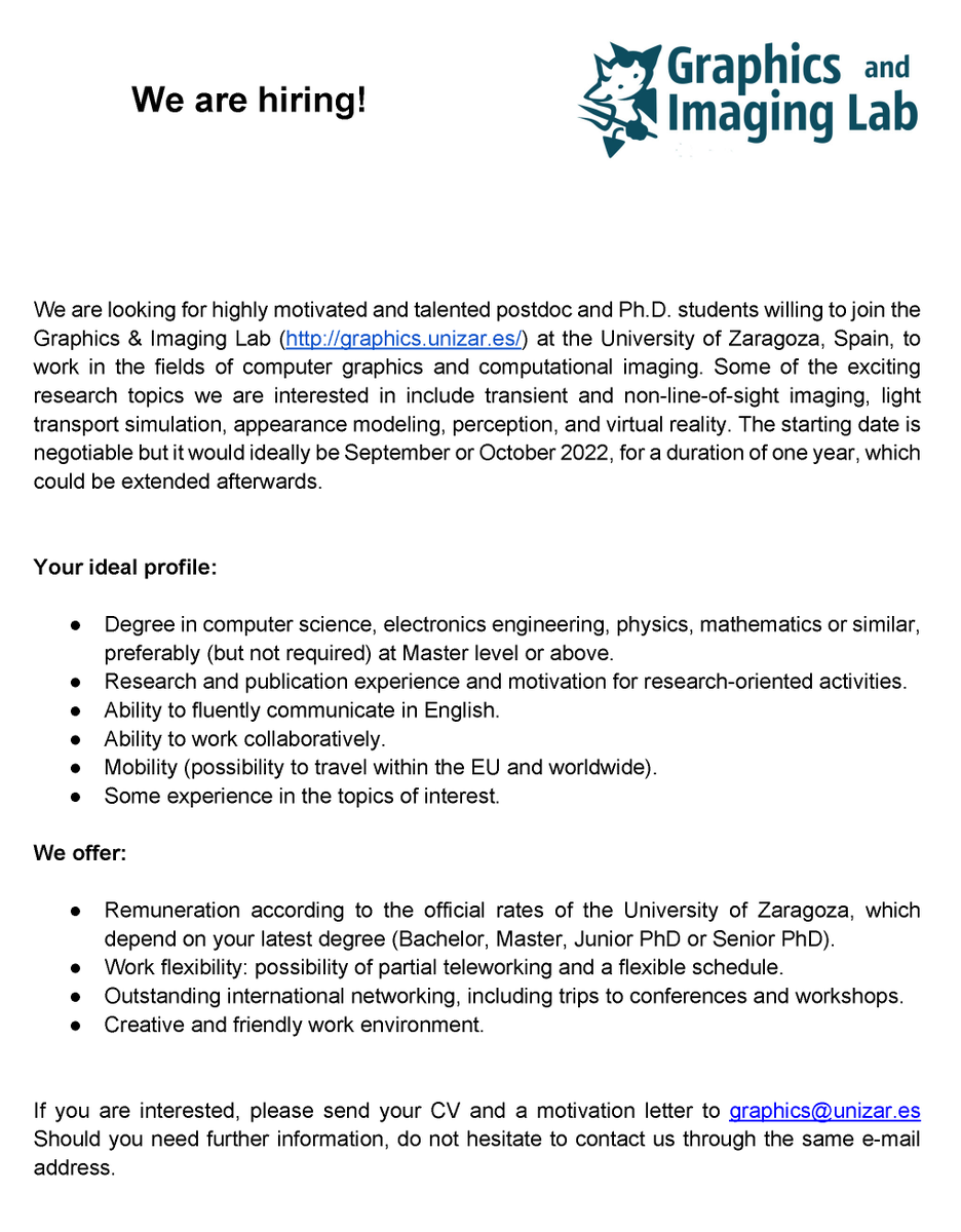 GILabUZ's tweet photo. 📢WE'RE HIRING! If you want to join our talented lab crew to work on computer graphics and computational imaging and develop your research career, check out all the info here
https://t.co/fMmCYwoVDW https://t.co/XhL3ze7enD