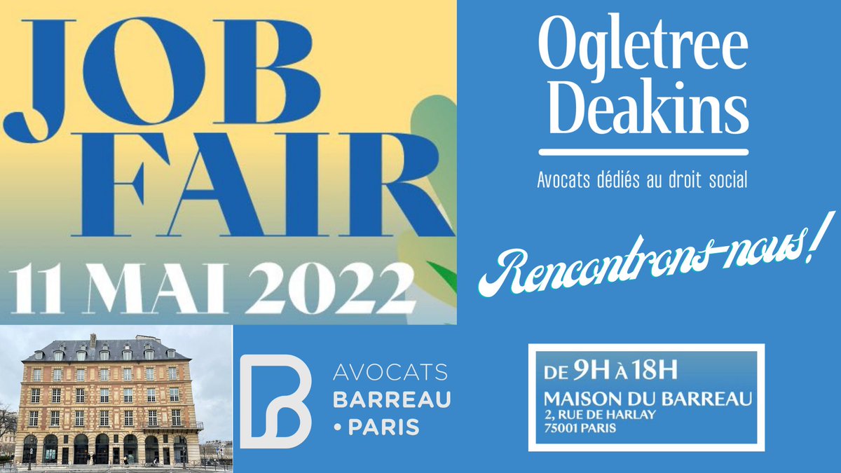 OgletreeFrance's tweet photo. 🤝 #JOBFAIR #Avocats
RDV le 11 mai avec @Ogletreefrance de 9h à 18h au forum de #recrutement @Avocats_Paris 
Venez découvrir les opportunités de #collaboration en #droitsocial au sein du cabinet.
A vos CV !🎯
#IcicestOgletreeParis #Icionrecrute🚀 #TeamOgletree #OgletreeDeakins🌍 https://t.co/ypOxK1TxE0