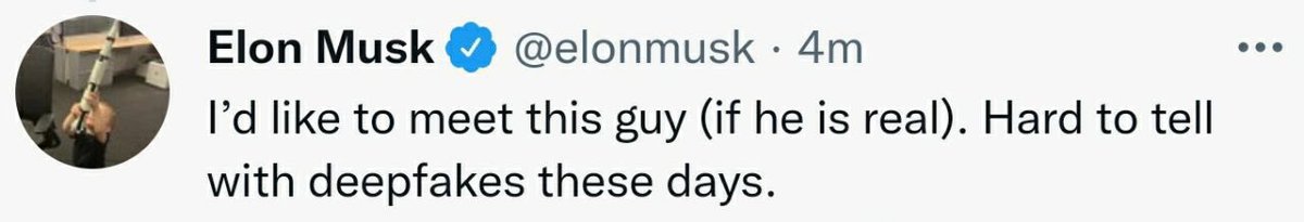 MorganAltesse's tweet photo. « J’aimerais rencontrer ce type (si il est réel) difficile à dire ces derniers temps avec les deepfakes » #ElonMusk #mdr #lol #deepfake #trusttheplan #fakeworld #endofdeepstate #Endgame #MondayMotivaton #LundiMotivation #lundisourire https://t.co/5hgJpWME8R