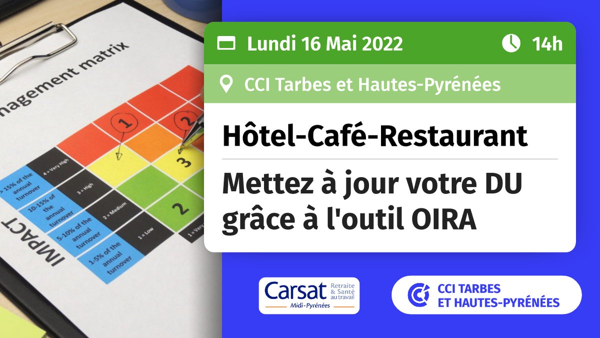 CCITarbesHP's tweet photo. 💻 [Hôtel Café Restaurant] 
La @CCITarbesHP et la @CarsatMP proposent un atelier pratique pour mettre à jour votre #DocumentUnique grâce à un outil gratuit, simple et adapté à votre secteur d'activité : OIRA HCR
➡ Info et inscription : https://t.co/h0p70yIsUd https://t.co/xlJt9851SQ