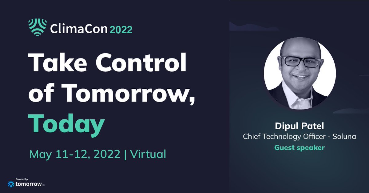 SolunaHoldings's tweet photo. @DipulP is taking the (virtual) stage at @tomorrowio_'s #ClimaCon22 conference on May 11 to talk about Recapturing Curtailed Energy for Computing Innovation #SLNH 💡 https://t.co/CweyAgOt0s