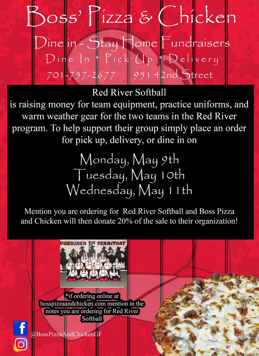 Our fundraiser starts today! If you don’t want to cook tonight through Wednesday, dine-in, pick up or order delivery from Boss’s Pizza &amp; Chicken MENTION  Red River Softball Fundraiser so we can receive 20% of your purchase!!