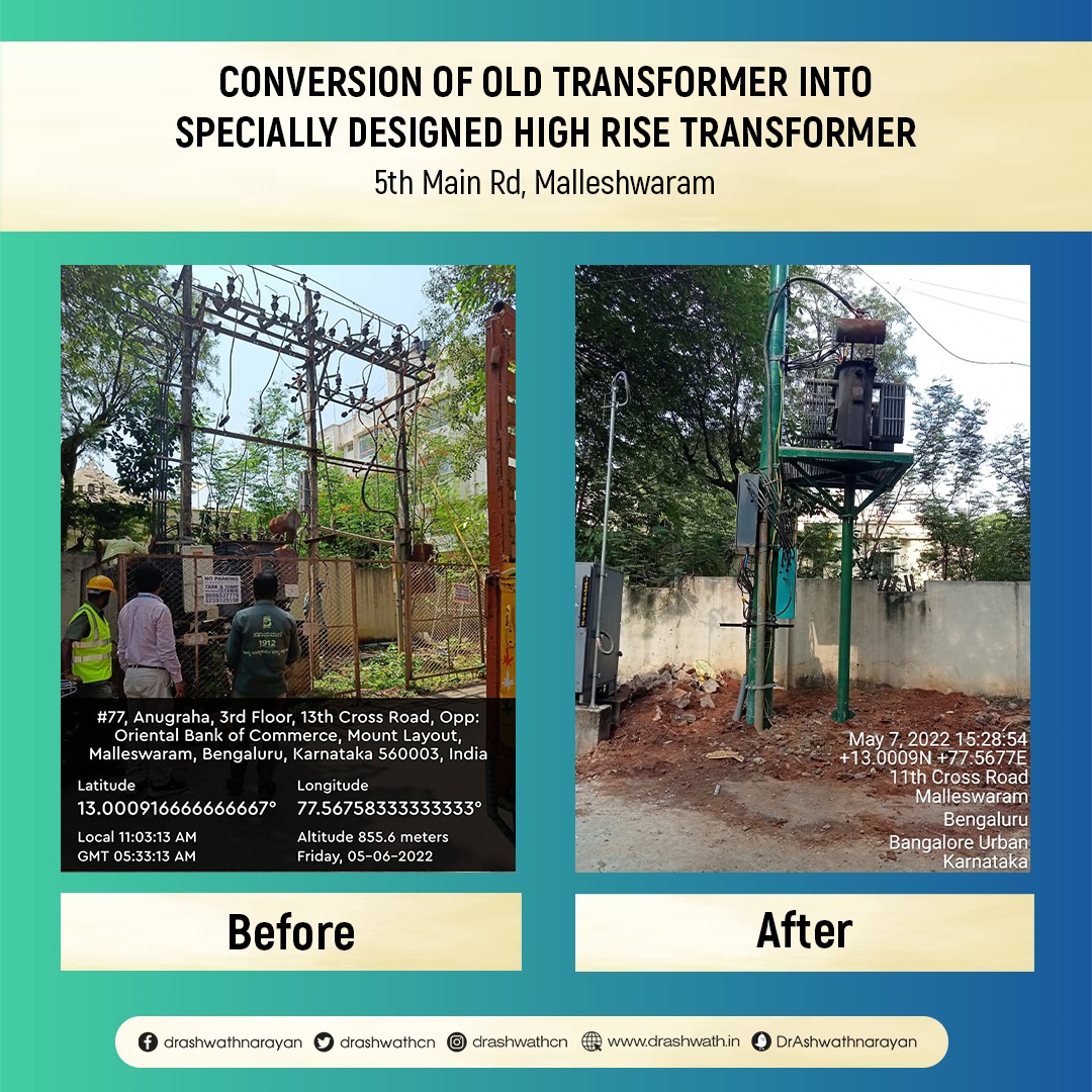 drashwathcn's tweet photo. Our efforts to make #NammaMalleshwara a safe and resource-efficient constituency progressed further. We replaced traditional transformers with specially designed high-rise transformers. This one is on 5th Cross, Malleshwara.

#ModelConstituency #ಮಾದರಿಮಲ್ಲೇಶ್ವರ https://t.co/FuQDXca7DF