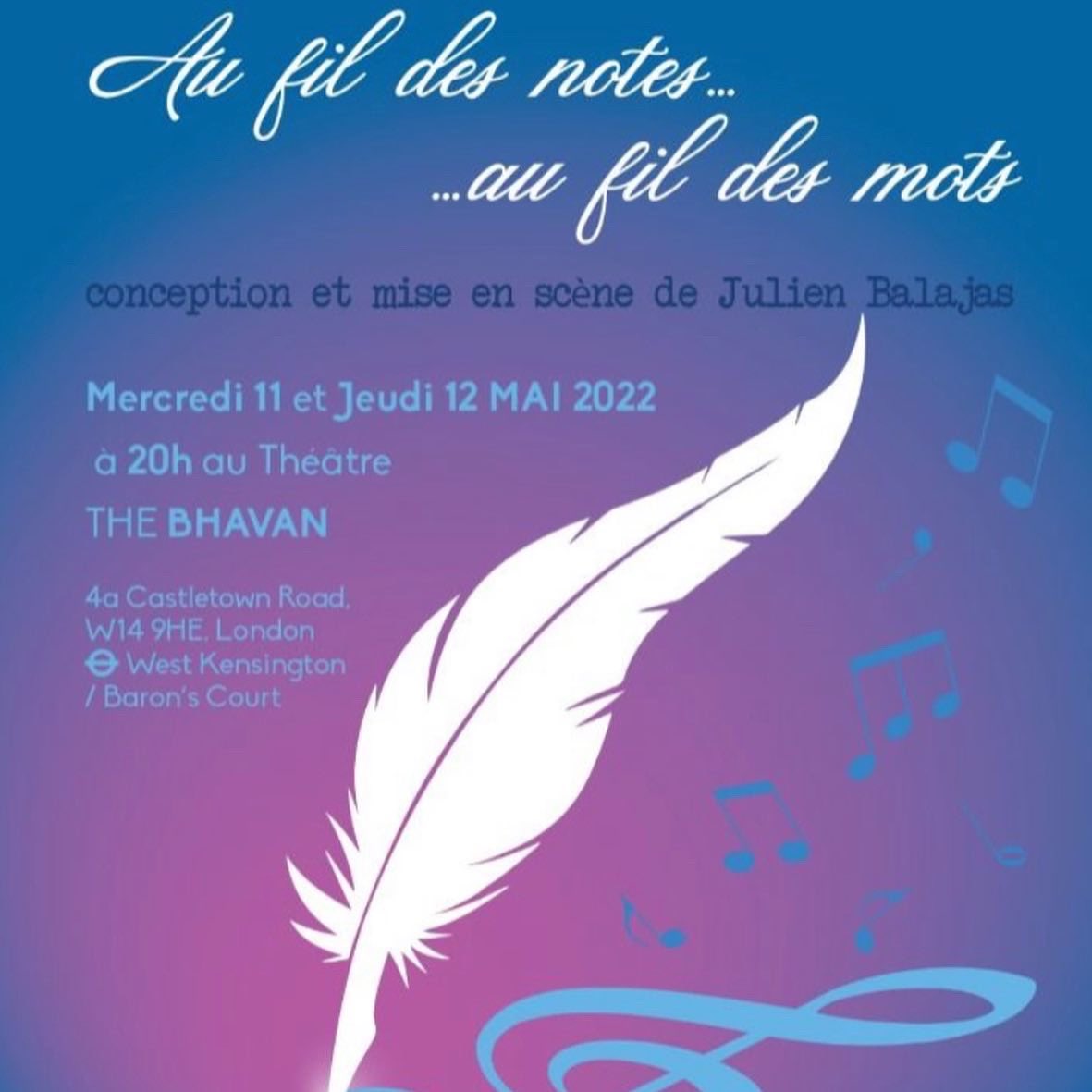 Rehearsal for “Au fil des notes…au fil des mots”
I’ll be playing live piano on stage.
(The show is in French language)
11/12 May 20,00 hrs
The Bhavan Theatre, London
Info on my website
#antimomagnotta #theatre #french #piano #livepiano #onstage #drama #london #music #event