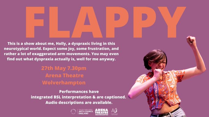 UseYourNous's tweet photo. FLAPPY

This is a show about Holly, a dyspraxic living in this neurotypical world. Expect some joy, some frustration, and rather a lot of exaggerated arm movements.
 
BSL interpreted, audio-described and captioned.
 
27 May 7.30pm 
@Arena_theatre

➡️ https://t.co/pkUSbXF2Yu https://t.co/6xXraCsorq