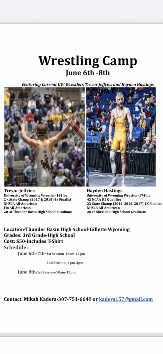 CoachKadera's tweet photo. Wrestling Camp opportunity in Gillette with @Trevvjeffs and @mr_sicknasty Don’t miss out!! https://t.co/zpCqyF1iIs