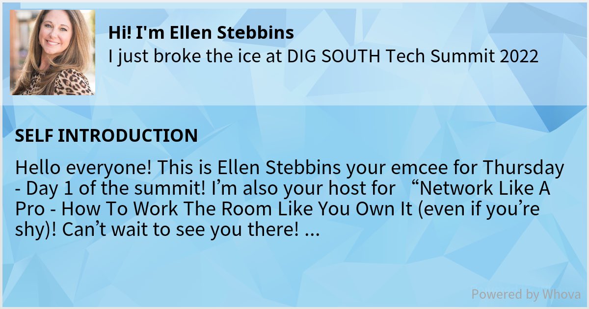 ellenpstebbins's tweet photo. 🔨 🧊 I just broke the ice at DIG SOUTH Tech Summit 2022! Check out my clever answer! #digsouth #digsummit - via #Whova event app https://t.co/BbSLjuKIL6