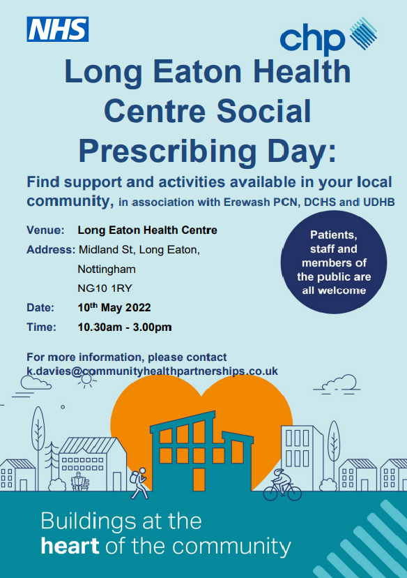 ErewashHealth's tweet photo. Long Eaton Health Centre are holding a Social Prescribing Day tomorrow (10th May) between 10:30am-3:00pm.

Come along to find support and activities available in your local community! 

Patients, staff and members of the public are welcome. https://t.co/5T2AQ7dD9R