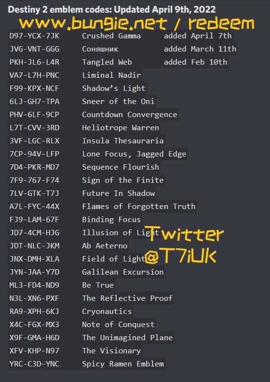 T7iUK's tweet photo. @BungieHelp Loads of FREE multi use Emblem Codes #Destiny2 https://t.co/qUjAGuSRWh