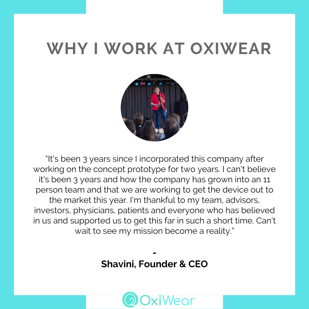 OxiWear's tweet photo. OxiWear recently celebrated its third anniversary. This week you will hear from our team members about why they like working at the company.
.
.
#wearables #startup #sportstech #medtech #femaleentrepreneur #pulmonaryhypertension #PH #iPHight #pulseoximeter #hypoxia https://t.co/ib7qsHmid1