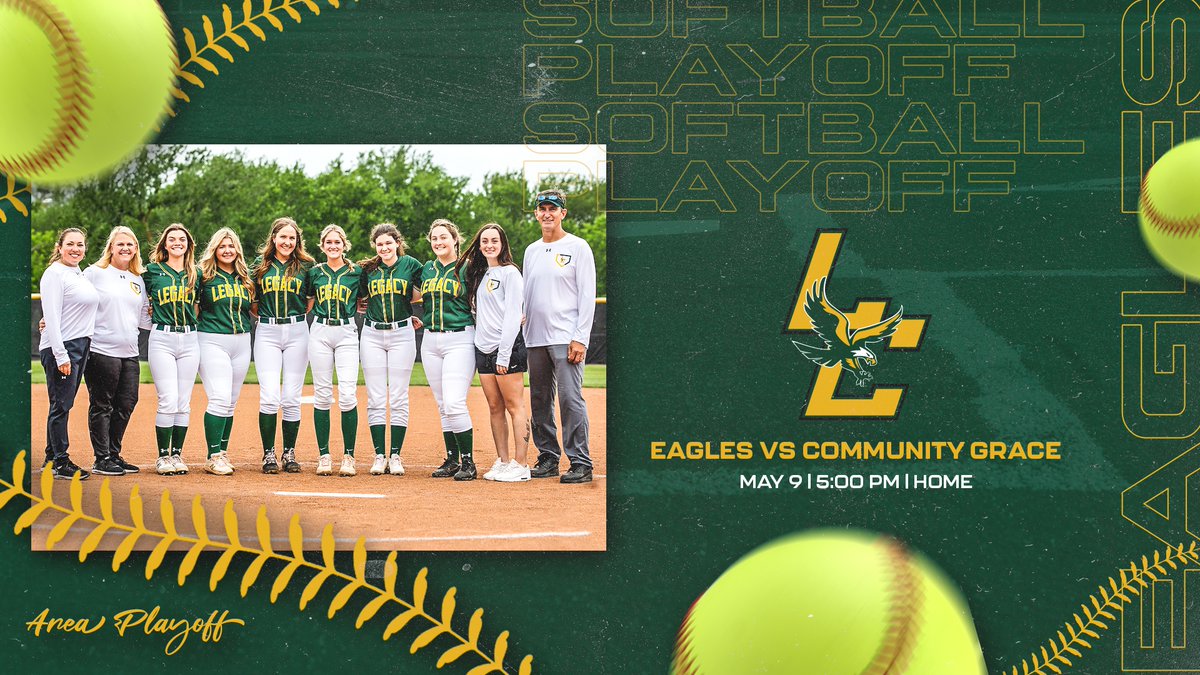 🦅🥎 PLAYOFF GAME DAY 🥎🦅
🆚 Community Grace
📍 LCA 
📅 Monday - May 9th
⏰ 5:00 PM