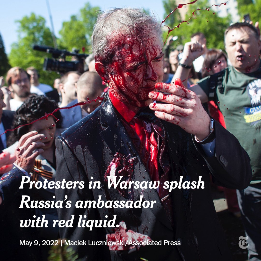 nytimes's tweet photo. Protesters chanting “fascists” threw red liquid at Russia’s ambassador to Poland as diplomats visited a Warsaw memorial honoring Red Army soldiers killed in World War II.
https://t.co/fk5m48WAUH https://t.co/ocFEMDajhU
