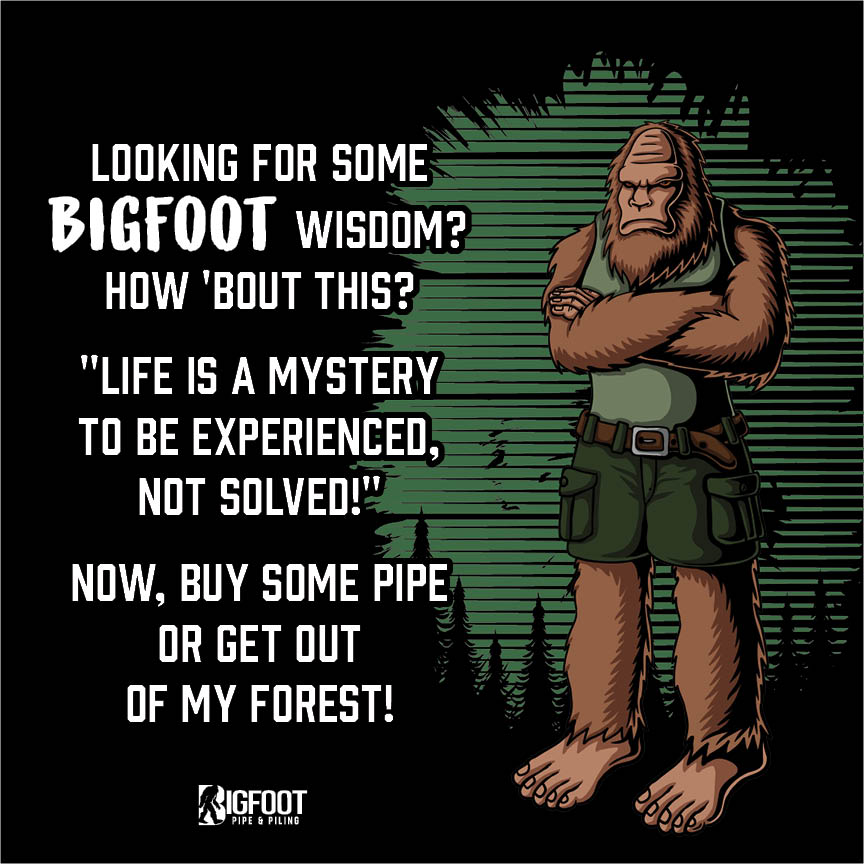 bigfootpipe's tweet photo. Bigfoot is wise. Just passing on some words of wisdom from the legend.
Call today and check on current inventories! 800-877-7453. Ask for Luke!
#bigfootpipe #steelpipe #steelpiling #pipeyard https://t.co/PHCt3cRZTC