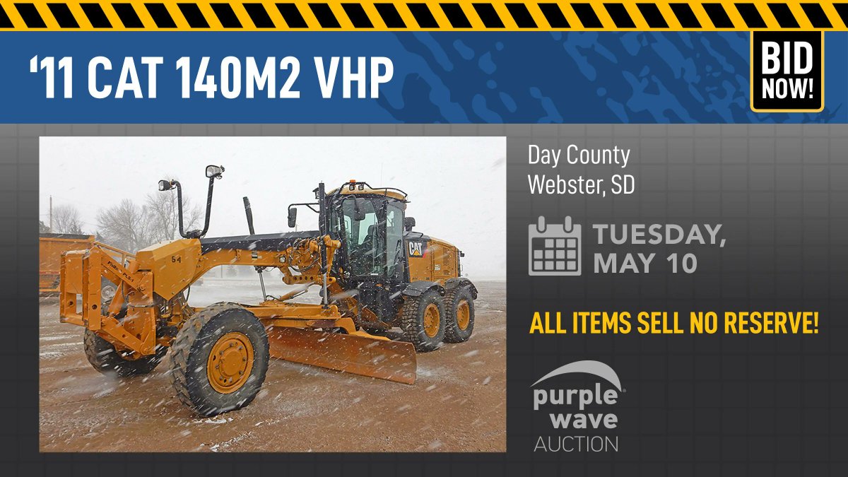 You don't want to miss out on this 2011 CAT motor grader selling tomorrow for Day County in Webster, SD! View all details at purplewave.com/auction/220510… #construction #constructionequipment #equipmentauction #auction #equipment #motorgrader #caterpillarequipment #caterpillargrader