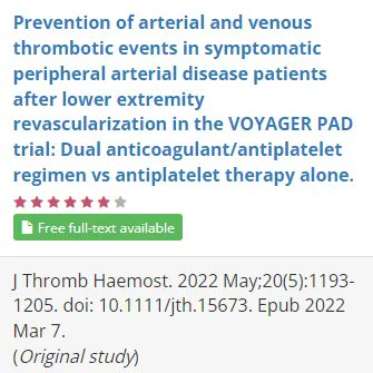 canvector's tweet photo. Let's #DiscussCLOTPlus: Prevention of arterial and venous thrombotic events in symptomatic peripheral arterial disease patients after lower extremity revascularization in the VOYAGER PAD trial
https://t.co/sWkkViWvfd
#VTE #Thrombosis #Research #Evidence https://t.co/H5gHK9JEJe