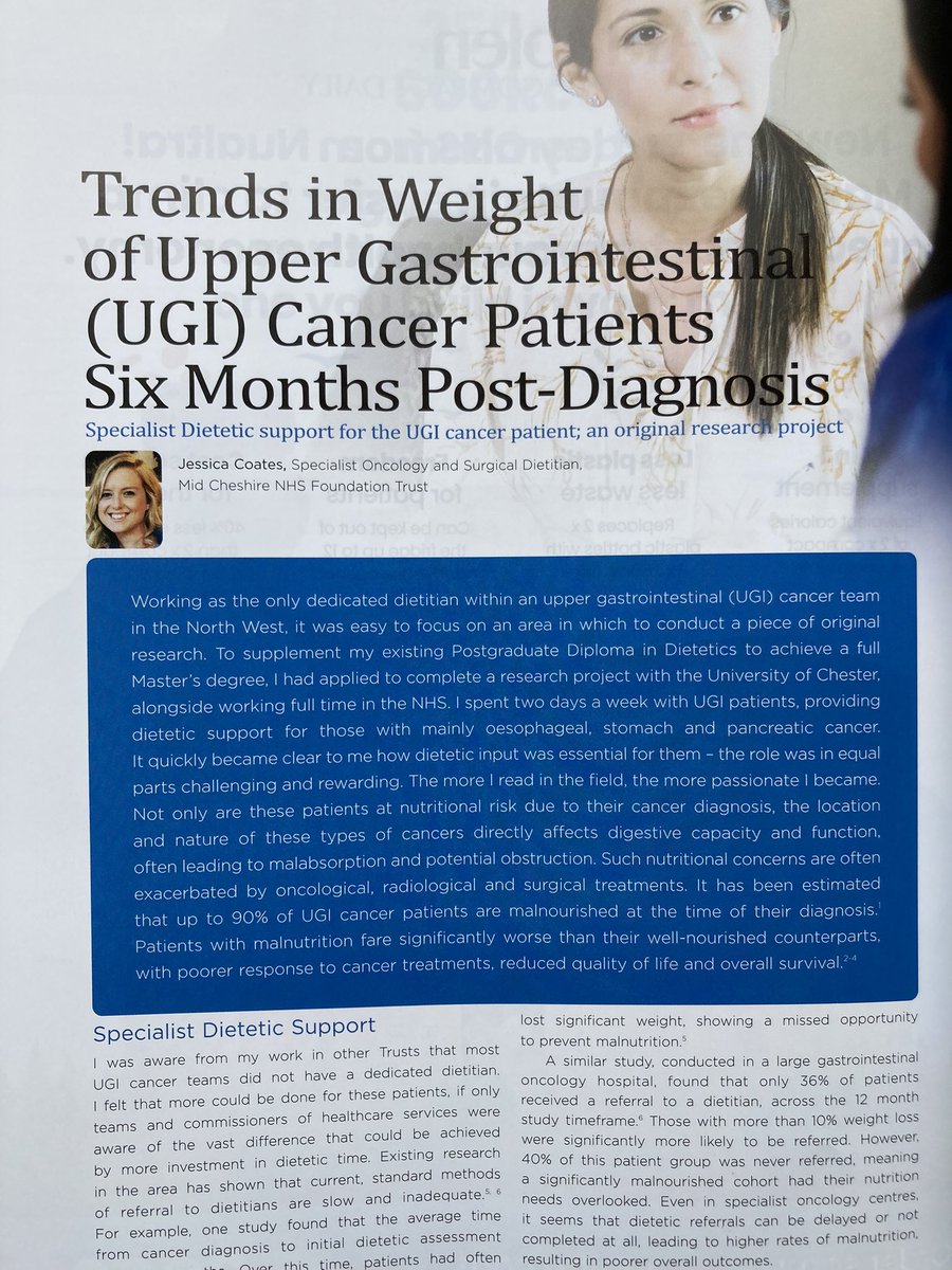 JessCoatesRD's tweet photo. Excited to receive my copy of @CNmagazines this month, featuring my article on my #Masters research project; the vast improvement in body weight seen 6m post #cancer diagnosis with a specialist #UGI #dietitian @BDA_Oncology https://t.co/Jv7MyU3A0Y