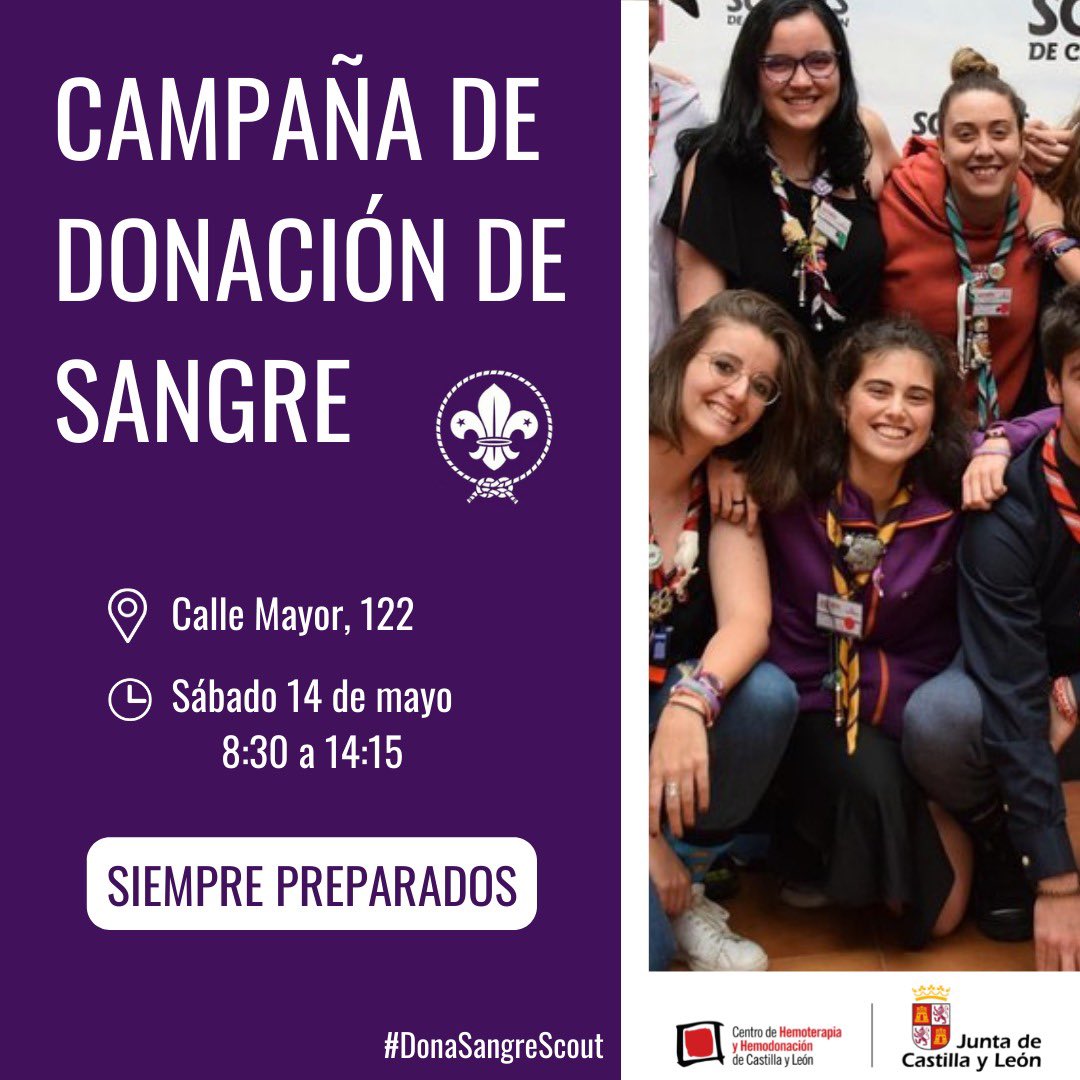 scoutspalencia's tweet photo. Este SÁBADO 14 DE MAYO, se organiza CAMPAÑA DE DONACIÓN DE SANGRE en la Calle Mayor de Palencia con un autobús de donación 🩸🩸

Tu sangre salva vidas, ¡contamos contigo! #DonaSangreScout 👍🏻👏🏻

#scoutspalenciamsc #scoutsmsc #scouts #yosoyscyl https://t.co/m12fQflLVc