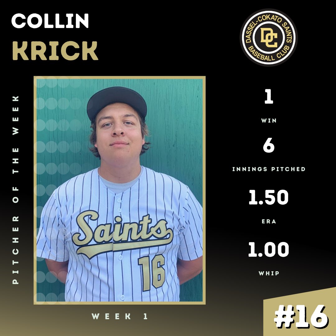 On tap this week:

WED - at <a href="/CS_Rockies/">Cold Spring Rockies</a>
FRI - vs <a href="/bptigertown/">BELLE PLAINE TIGERS 🐅⚾️</a> (Super Hero Night 🦸)
SUN - at <a href="/DevilsPlain/">Maple Plain Diamond Devils</a> 

Also, here's last week's "Players of the Week", <a href="/T_Brandel/">Tyler Brandel</a>  and Collin Krick! 🔥

The #DCSaints are off to a hot start. Come on out to the park this week and catch the fun!