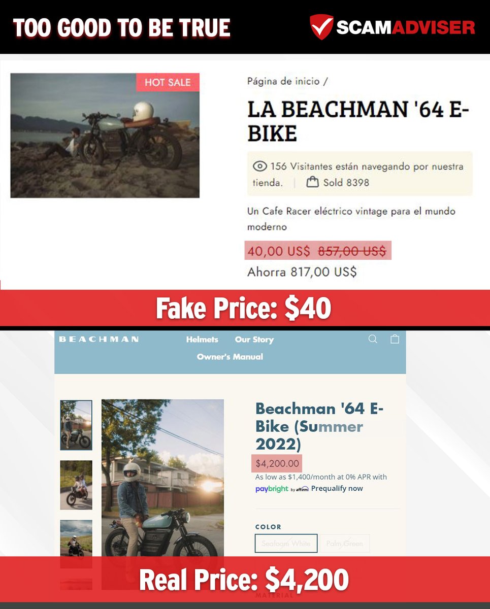 scamadviser's tweet photo. ** TOO GOOD TO BE TRUE **
This ‘La Beachman ’64 E-bike’ being offered for $40 is actually the image of a vehicle that sells for $4,200.
#TooGoodToBeTrue #EcommerceScam #ShoppingScam #OnlineScam #Scam #ScamAlert #Beachman #Ebike #LaBeachman https://t.co/WX74lMeGJK