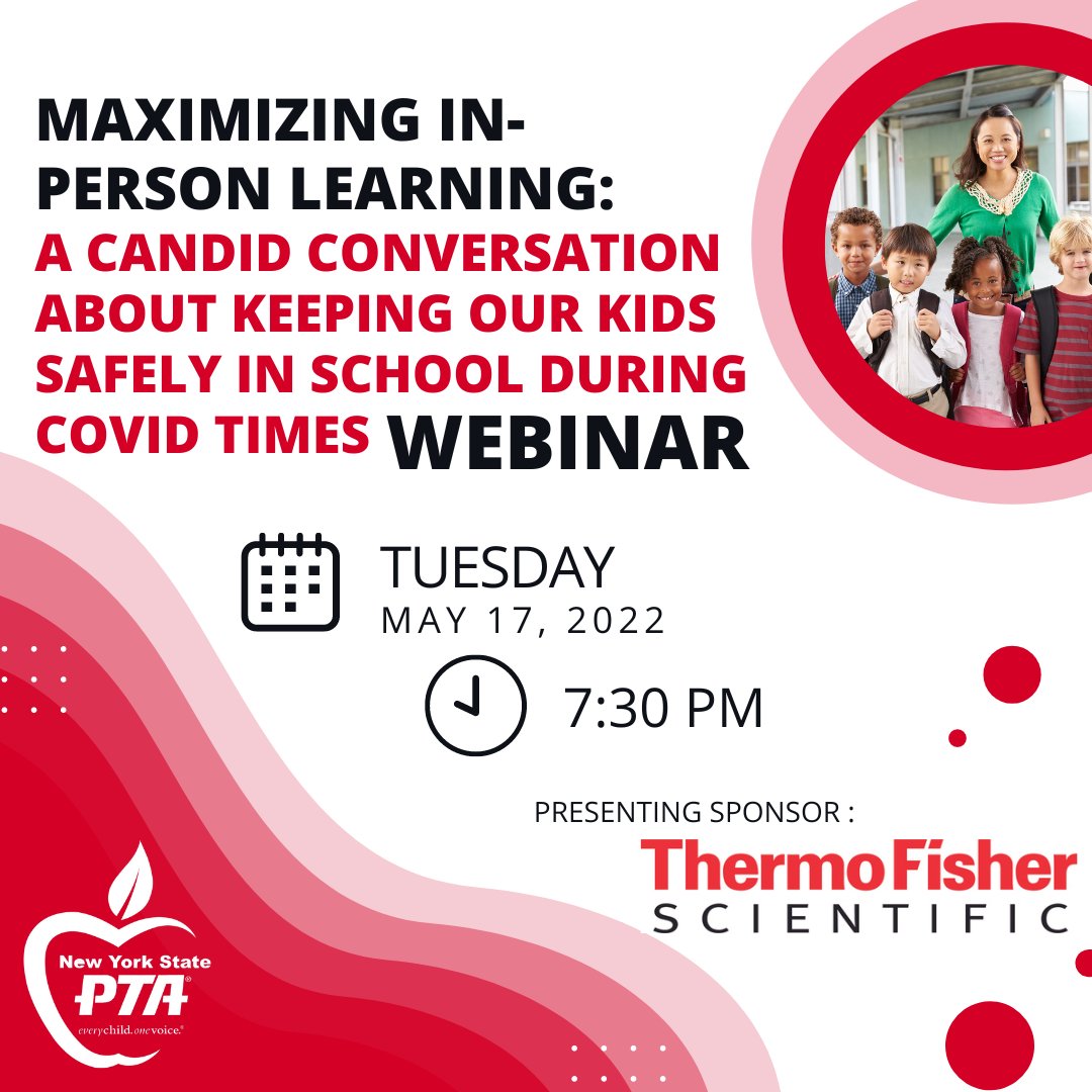 NYSPTA's tweet photo. Join us Tuesday May 17 at 7:30PM for "Maximizing In- Person Learning: A Candid Conversation About Keeping Our Kids Safely in School During Covid Time's" Webinar! Click the link to register!
https://t.co/wdyXT18dE4 https://t.co/AE9BkmzakP