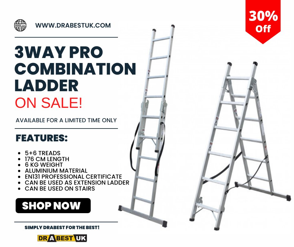 THE 3WAY PRO COMBINATION LADDER!!! 🤩

Get this ladder on sale for 30% off! Available for a limited time only! Check out all of the features!!! 🥳🥳🥳
￼
Link to the product: drabestuk.com/products_drabe…

Check out our website: drabestuk.com

#drabestuk #ladders #sale