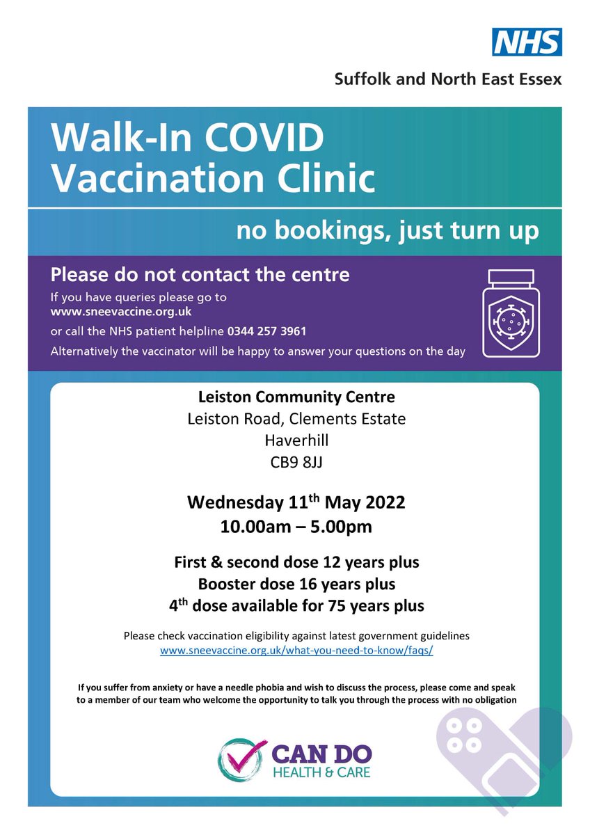 A Covid-19 vaccination clinic will take place at Leiston Community Centre this coming Wednesday (11th May).