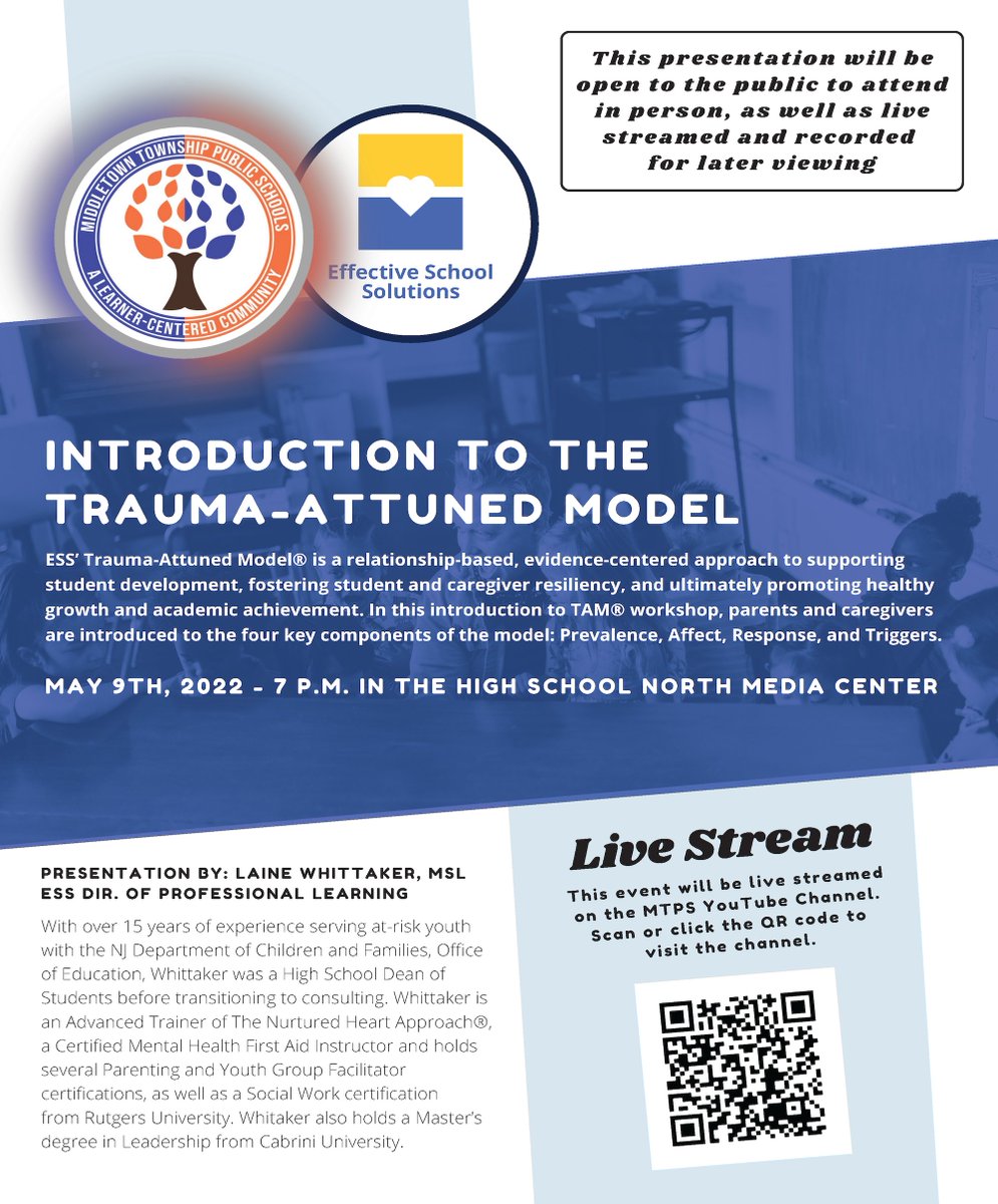 Please join us tonight (May 9) in the High School North media center for an Introduction to the Trauma-Attuned Model of support. This event will also be live streamed on the MTPS YouTube channel: youtu.be/DpP6Et4IOoE

#OneMTPS #MTPSpride