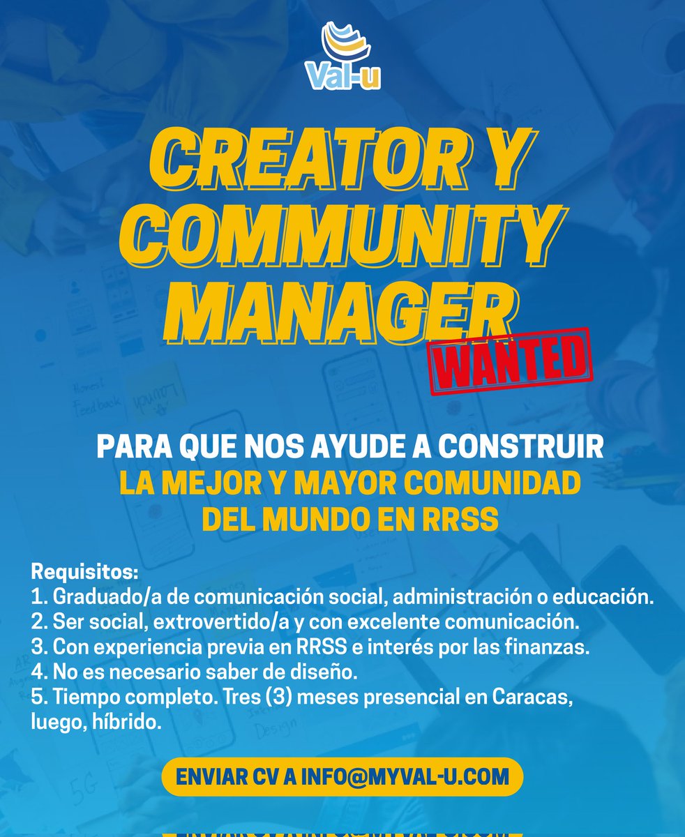 EduardoGuevaraS's tweet image. 🚨

Se busca persona que quiera ayudarnos a crear la mejor comunidad de niños, adolescentes y padres en redes sociales 🙌

Enseñamos finanzas a chamos en @myval_u 😉

Interesados enviar CV a info@myval-u.com 📧