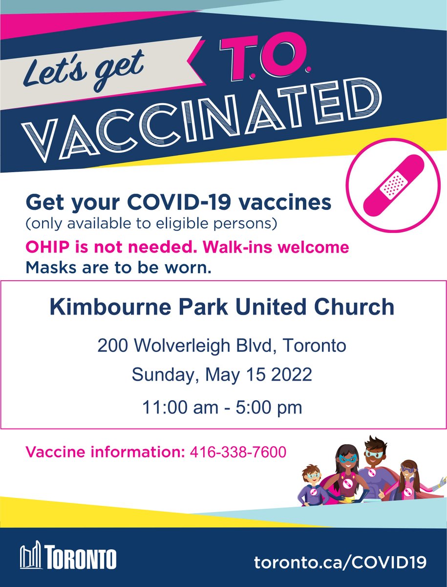 East end families, our Danforth/Coxwell site <a href="/KimbourneParkUC/">Kimbourne Park UC</a> is hosting a COVID vaccine clinic next week, with pediatric doses available (as well as shots for adults). See poster or toronto.ca/COVID19 for more details