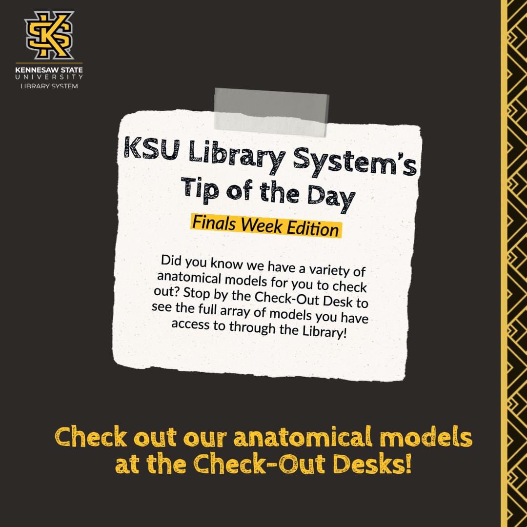 KSULibraries's tweet photo. Did you know that you have access to a variety of anatomical models through the Library? Stop by our Check-Out Desks and see all we have to offer! Happy studying, Owls! #ksulibraries https://t.co/mMBgwNTgzP