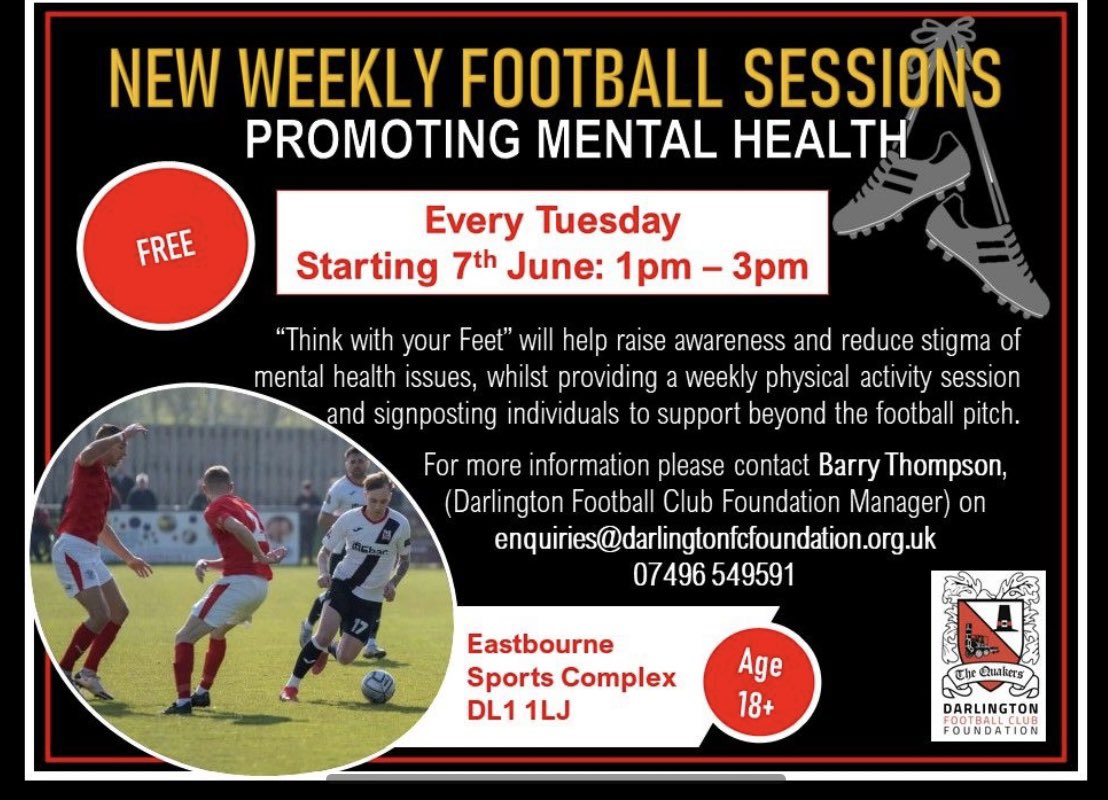 DFC__Foundation's tweet photo. We are delighted to be able to offer free football sessions for those with mental health struggles starting on June 7th #thinkwithyourfeet #MentalHealthAwarenessWeek stayed tuned for some more announcements this week 👀 https://t.co/9YeLz0VOFM