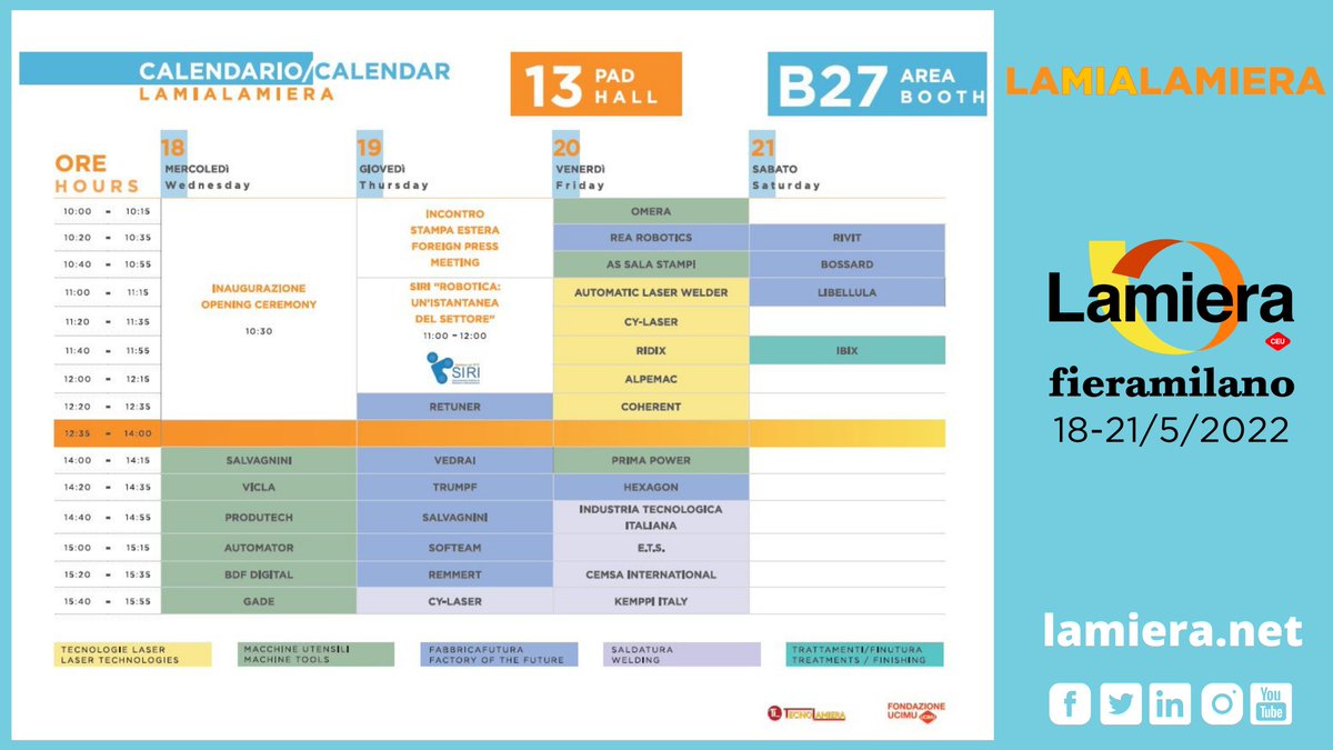 Lamiera2025's tweet photo. 📅Ecco il #calendario degli appuntamenti in programma nell'aera #LAMIALAMIERA di #Lamiera2022📌

L'arena #convegni, allestista al PAD 13, stand B27, ospiterà confronti tra opinion leader e esperti, oltre a #presentazioni di #tecnologie innovative a cura degli #espositori! https://t.co/hmh9GxqsuS