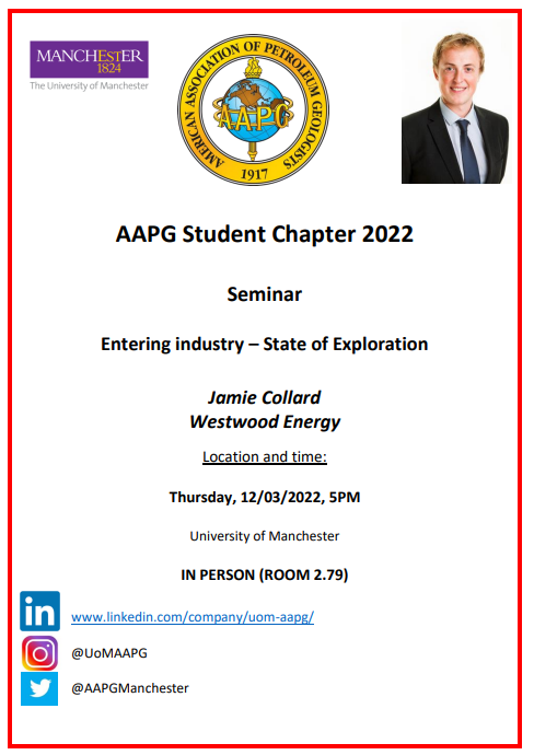 AAPGManchester's tweet photo. Hello everyone! We are very pleased to announce this Thursday we have Jamie Collard from Westwood Energy sharing his experience on entering the industry at our next AAPG Student Chapter Seminar *IN PERSON* on May 12th at 5:00PM!! See you all soon!
@AAPGManchester 
@man_basins https://t.co/HZiGj0oJs0