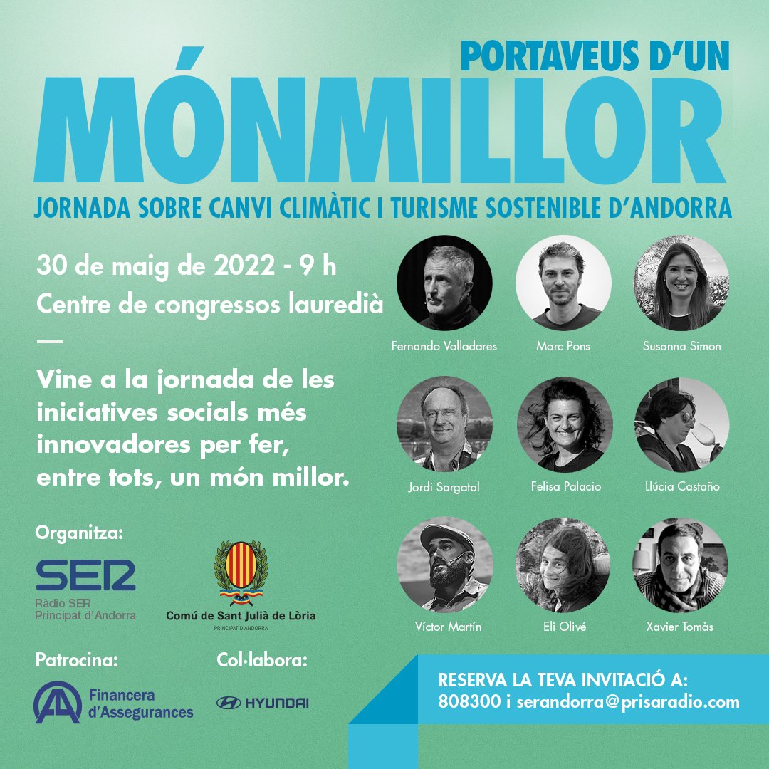 SER_Andorra's tweet photo. 🌲Vine a la jornada de les iniciatives socials i mediambientals més innovadores per fer entre tots un #MonMillorAndorra!
🗣️9 ponents de primer nivell
🎙️2 taules rodones
🗓️30 de maig  🕐9h-13h  🏛️Centre cultural lauredià
✍️Reserves: serandorra@prisaradio.com 📞808300 https://t.co/ezgnDQc59z