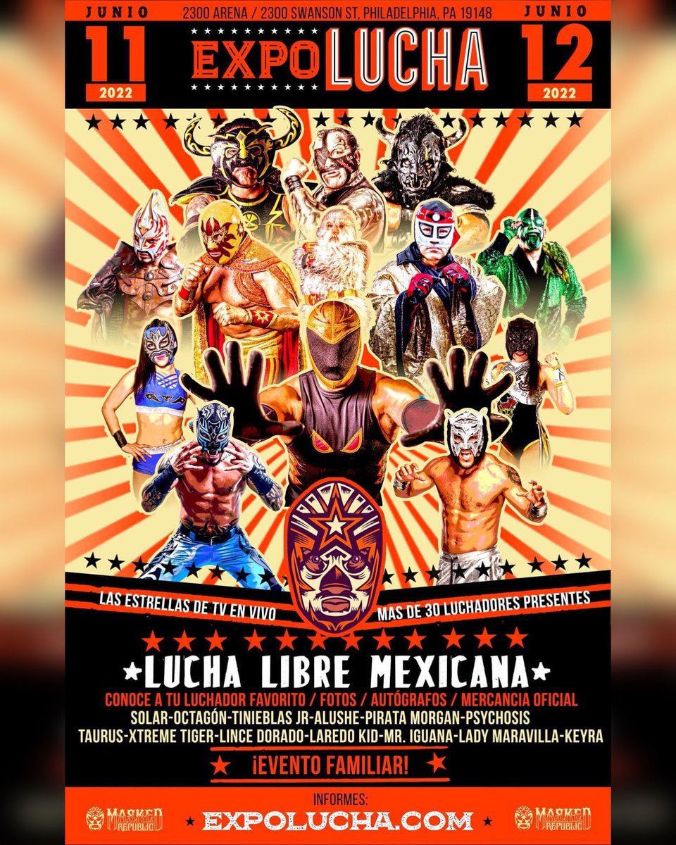 #ExpoLucha @ExpoLucha Philadelphia. Expo Lucha is the largest lucha libre convention in the world, and the only one of its kind outside of Mexico! 🇺🇸 🇲🇽 Buy your tickets here ➡️ expolucha.com/tickets 🎟 #LuchaCentral #LuchaLibre #ProWrestling #プロレス 🤼‍♂️