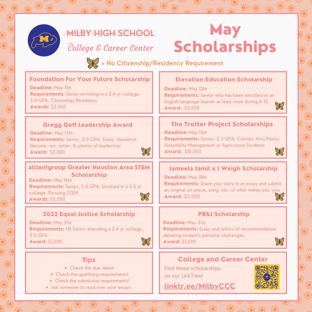 MilbyCCC's tweet photo. 🚨 New May Scholarships From the Milby College Center! 🚨

Summer is almost here, but you can still earn FREE money seniors! Let’s do this ✊☀️

@MilbyCo2022 @Milby_HS @rpena3kr https://t.co/e16VUpelGB