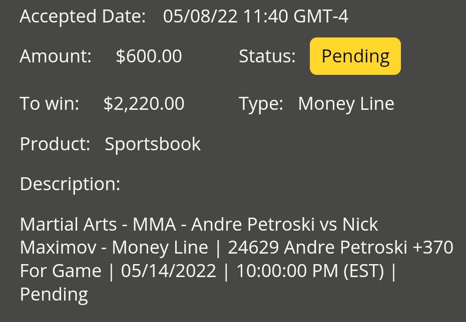 #UFCVegas53 

🥊 andre petroski +370

Took this line last night for 2u. For a couple of reasons:

- the line is too wide
- the line is likely to drop
- i will prob get a chance to arb pre fight or live after rnd 1
- will hedge max rnd 3