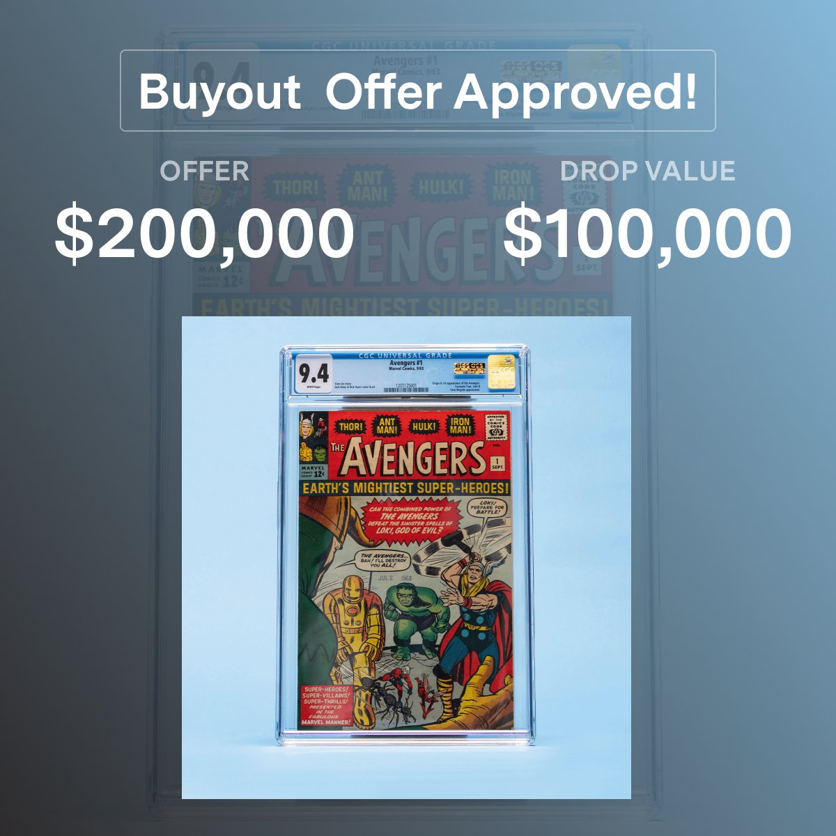 🚨 BUYOUT ACCEPTED

96.9% of share votes voted to accept the buyout on Avengers #1

The offer was for $200,000 &amp; based on shareholder feedback has been accepted.

This offer nets investors $100/ share, a 100% gain from the drop value &amp; a 33% gain from the last traded price.